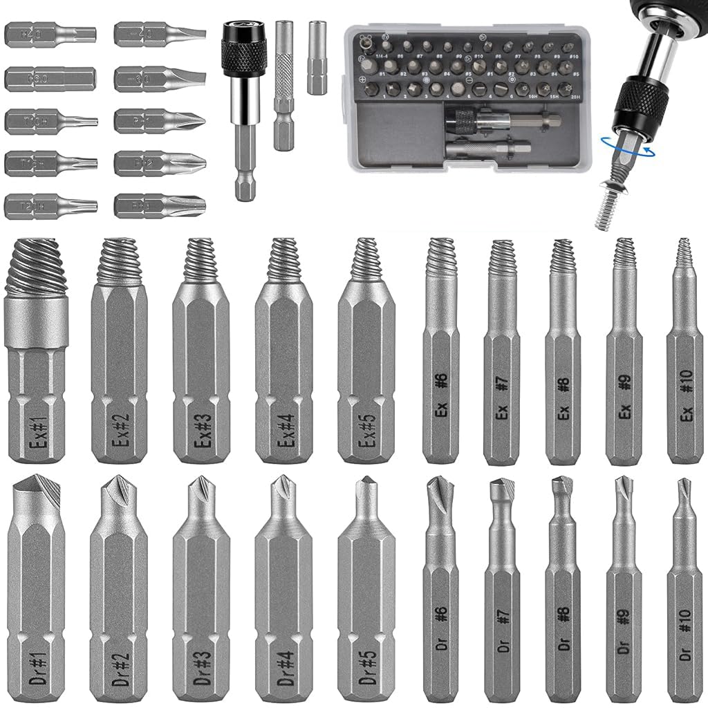 Serplex 33PCS Damaged Screw Extractor Set Stripped Screw Extractor Set for Broken Bolt, Screw Extractor Remover Tool with Socket Extension Drill Bits Tools Set, Easily Remove Stripped Screws Serplex 33PCS Damaged Screw Extractor Set Stripped Screw Extractor Set for Broken Bolt, Screw Extractor Remover Tool with Socket Extension Drill Bits Tools Set, Easily Remove Stripped Screws